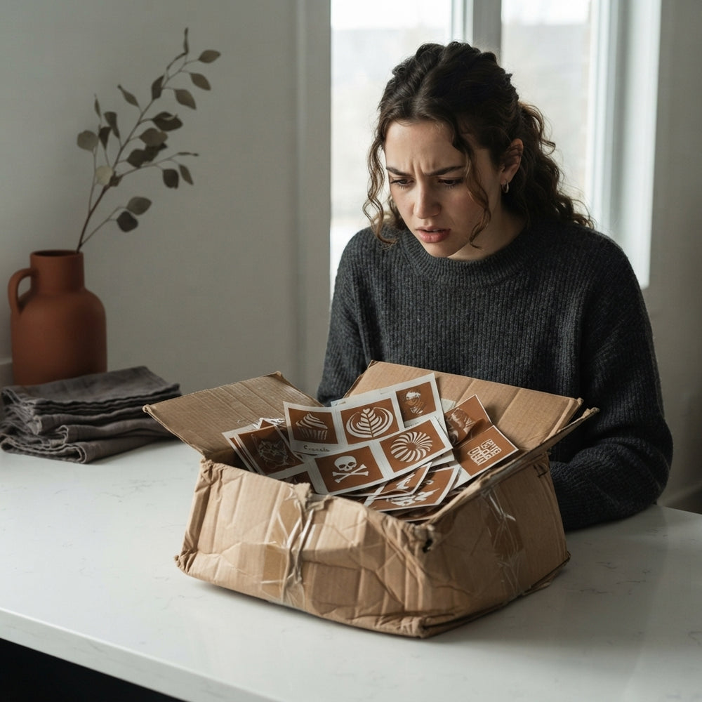 A damaged cardboard delivery box containing art stencils sits on a kitchen counter next to terracotta and charcoal kitchen de