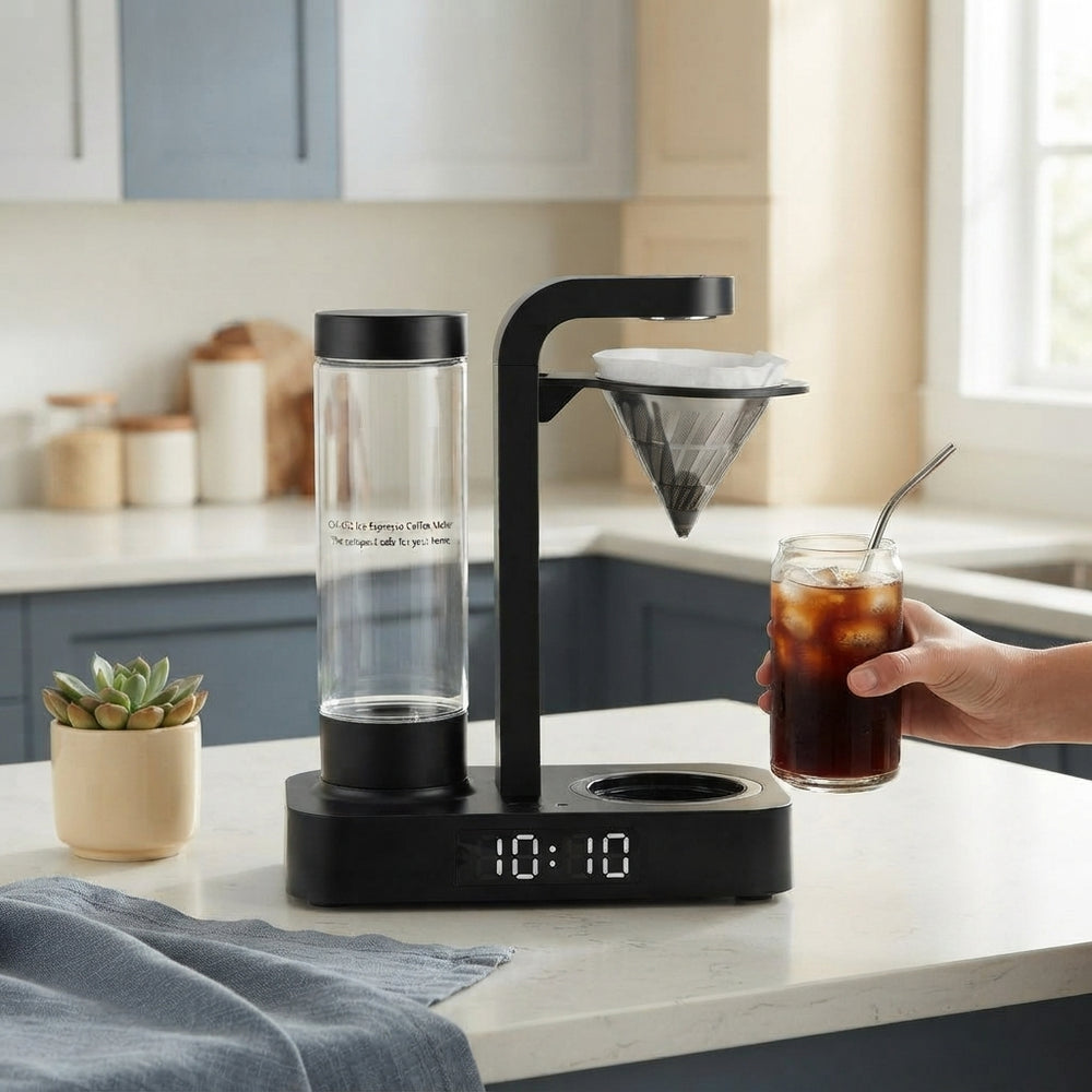 A sleek Ice Espresso Coffee Machine on a kitchen counter next to a glass of iced espresso in a bright, modern kitchen.